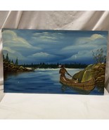 Vintage Original oil Painting Native American Hunter deer canoe Estate F... - $5,585.93 MXN