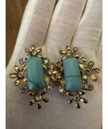 Vintage Turquoise Gold Clear Rhinestone Clip On Earrings Unsigned MidCen... - £19.15 GBP