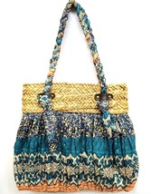 Sun &#39;N&#39; Sand Tote Bag Woven Straw Ruffled Fabric Blue Paisley Floral Boho Chic - £17.07 GBP