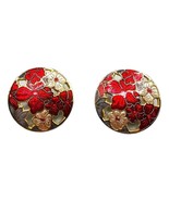 Button Cloisonné Earrings Floral Motiff Gold Tone Vintage Pierced - £11.67 GBP