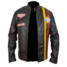Men Black Color Biker Steve McQueen Grand Prix Gulf Leather Jacket - £126.78 GBP