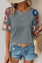 Medium Grey Floral Crochet Short Sleeve Top - £18.66 GBP