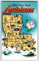 Postcard Greetings From Louisiana Map Chrome State Flower Boats Fishing ... - $11.88