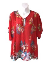 Johnny Was Red Floral Top Drop Tie Tassels Rayon Tunic Boho Women&#39;s Medi... - $85.80