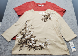 Lot Of 2 Alfred Dunner T Shirt Top Women Multi XL Floral Beaded Square Neck Slit - £21.39 GBP