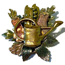 Garden Harvest Watering Can Brooch Multi Metals Pin Vegetables Squash Carrot Pea - £15.88 GBP