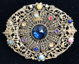 VTG Antique Gold 10K Filigree Oval Victorian Brooch Pin w/ Rhinestones Signed - £36.47 GBP