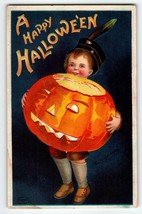 Halloween Postcard Ellen Clapsaddle Boy Holds Giant Pumpkin Embossed 978 Germany - £44.40 GBP