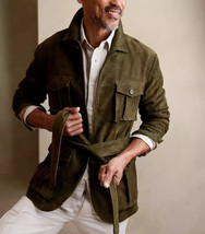 Men Olive Green Leather Jacket Pure Soft Suede Jacket Handmade Stylish D... - $122.02+
