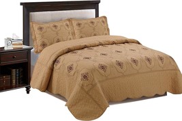 Taupe, Burgundy, And Brown 3-Piece Fully Quilted Embroidery Quilts Bedsp... - $77.93