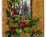 Winter Scene Holly Merry Christmas Gilt Textured Embossed DB Postcard U10 - $4.42