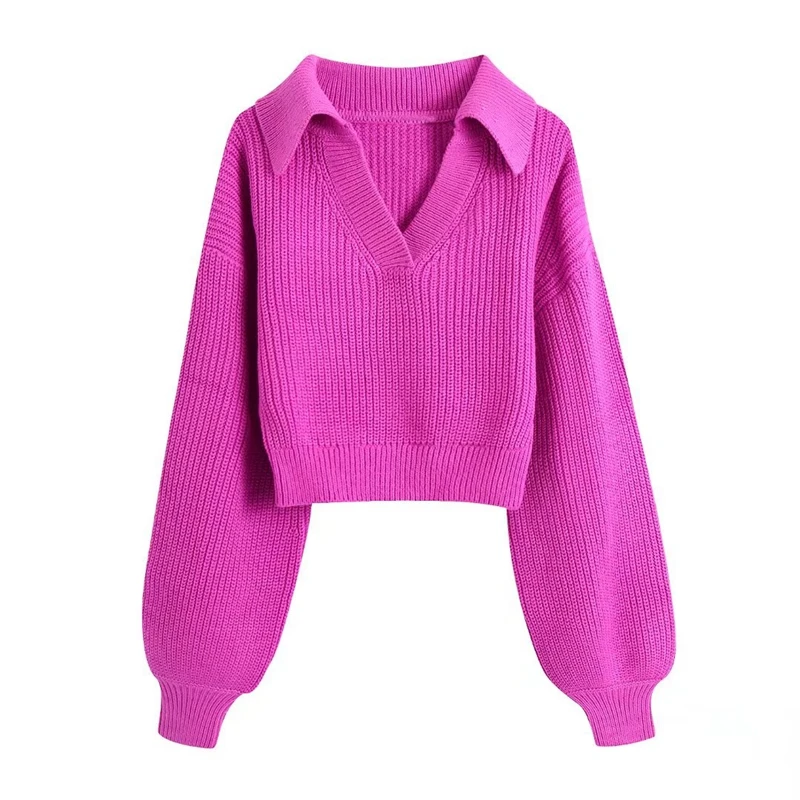 Tangada Women   Pink Crop Twist   Jumper Turn Down Collar Oversize Pullo... - $163.60
