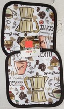 Set Of 2 Printed Kitchen Pot Holders With Silver Back 7&quot;X7&quot; Coffee Theme Stellar - £12.57 GBP