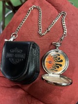 Flames Harley Davidson Pocket Watch Franklin Mint W/ Chain Leather belt pouch - £98.32 GBP