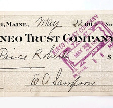 1915 Kineo Trust Company Bank Check E.A. Sampson Dover Maine Signed 7077... - $369.57 MXN