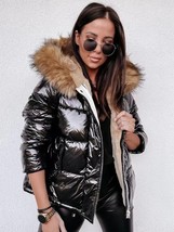 2022 Winter Shiny PU Loose Jacket Women Collar Hooded Parkas Female New Velvet T - £71.44 GBP