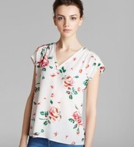 Joie Suela Silk Top Size XS White Pink Green Rose Floral Print V Neck Blouse - £31.29 GBP