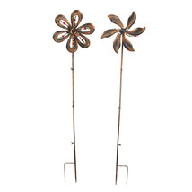 Set of 2 Antique Copper Finish Beaded Flower Pinwheel Wind Spinner Garden Stakes - £39.67 GBP