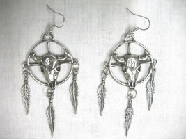 Medicine Wheel With Buffalo Skull Dream Catcher 3 Feathers Pair Of Earrings - £13.56 GBP