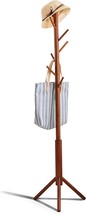 Premium Bamboo Coat Rack Tree With 8 Hooks, Free Standing Wooden Coat Ra... - $39.97