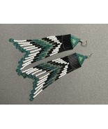 Greens, white &amp; black seed bead fringe earrings - handmade - Czech Glass - £59.27 GBP