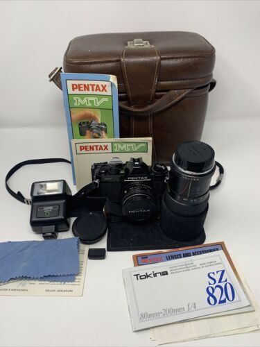Ashi Pentax MV 35mm SLR Camera Bundle Case Flash  50mm and 80-200mm Lens - £91.86 GBP