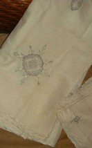 Cream &amp; Gray Irish Linen 64x92 Vintage Tablecloth Lace Filet Inserts 12 ... - $39.97