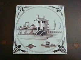 18th century salvaged Delft manganese tile with depictions of country bu... - $80.18