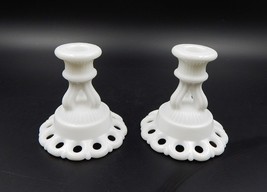 Westmoreland Milk Glass Doric Open Lace Edge Taper Candle Holders Pair 2PC - £12.76 GBP