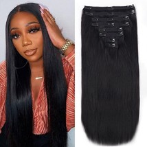 Pobokix Straight Clip in Hair Extensions Remy 100% Real Human Hair 16&quot; Black - $49.49