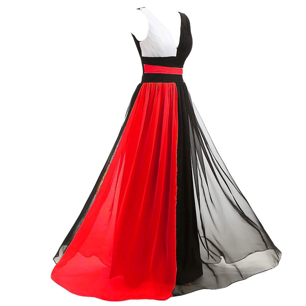 Kivary V Neck Long Black and White Chiffon Pleats Simple Prom Evening Dresses Re