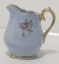 Vintage Small Porcelain Pitcher 2&quot; Blue With Gold Trim and Pink Flower D... - £5.25 GBP