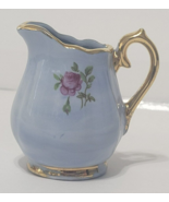 Vintage Small Porcelain Pitcher 2&quot; Blue With Gold Trim and Pink Flower D... - £5.24 GBP