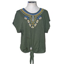Max Studio Green Embroidered Tie Hem Boho Peasant Top Size L - £14.91 GBP