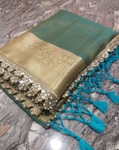 Sea Blue Tissue Silk Saree, Heavy Zari beeds Lace work, Jahnvi Kapoor Tissue Sil - £96.28 GBP