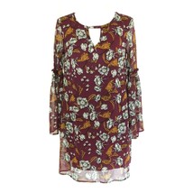 Xhilaration Shift Dress Floral Keyhole Semi Sheer Bell Sleeve Burgundy Size XS - £6.24 GBP