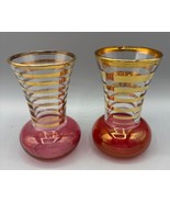 Vtg Bartlett Collins Set of 2 Glass Mini Bud Vases Red Gold Stripes - $291.49 MXN