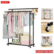 Elegant Black Double Rods Clothing Rack with Lockable Wheels, 200 lbs Ca... - $58.36