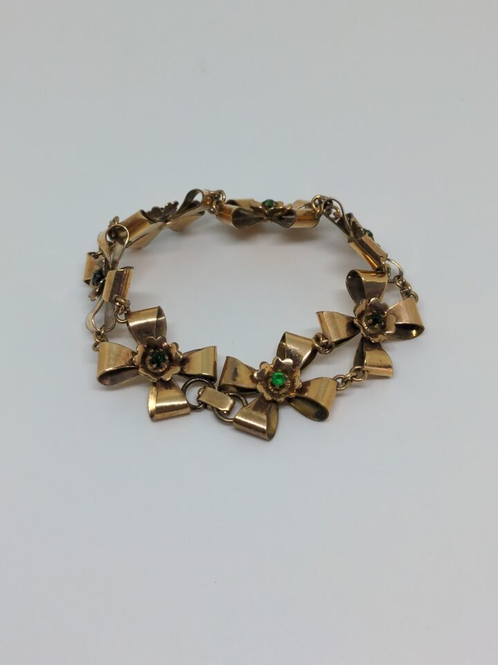 Primary image for Vintage LS Co 12k Gold Filled GF Flower Green Rhinestone Bracelet 7"