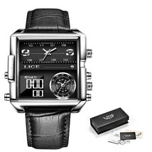 LIGE Luxury Men Quartz Digital Watch Leather Silver Black - £40.16 GBP
