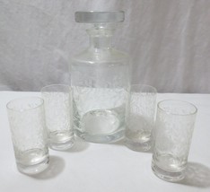 American Cut CRYSTAL Glasses ETCHED LEAVES 4 Cordials &amp; matching Decanter - $100.00