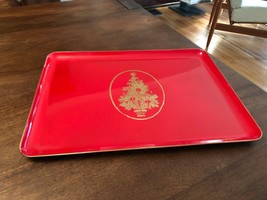 Vintage Otagiri Red and Gold Christmas Tree Laminated Decorative Tray 10&quot; x 14&quot; - £22.85 GBP