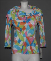 VTG CDW Colorful Abstract Crinkle Off-Shoulder Shawl Collar Blouse Wm&#39;s ... - $23.99
