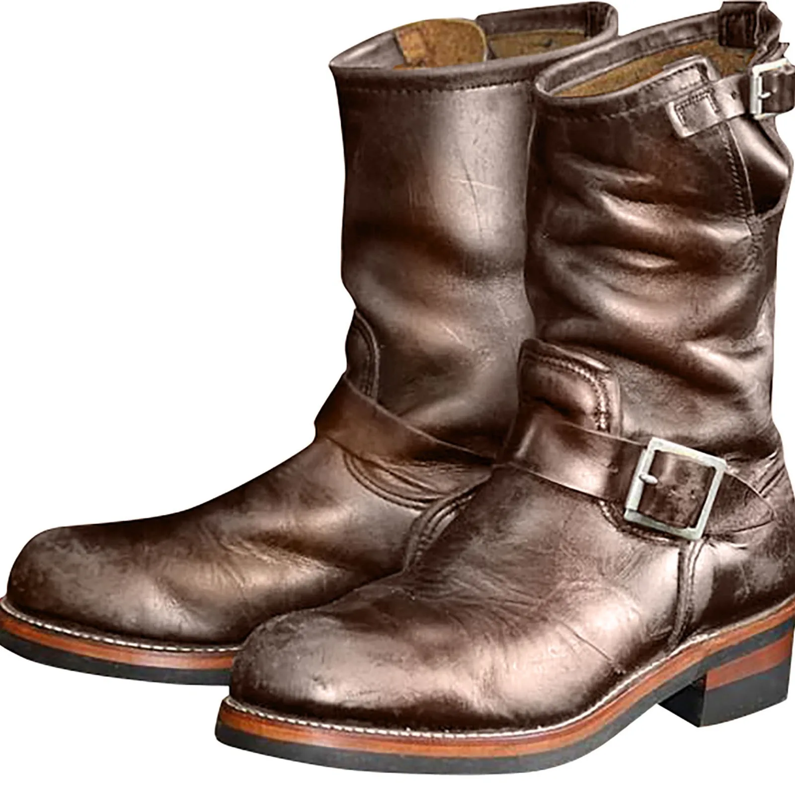 Men&#39;s Vintage Cowboy Boots Leather High Top Chain Buckle Strap Punk Shoes - £37.68 GBP+