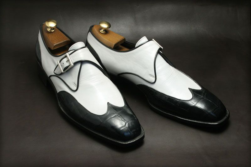 New Handmade Alligator Texture Toe, Wing Tip Leather Shoes, Black White Monk sh