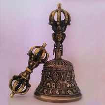 Tibetan Buddhist 9 Pronged Bronze Bell 7&quot; and Vajra /Dorje (Medium) - Nepal - £87.71 GBP