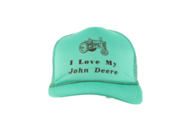 Vintage 80s I Love My John Deere Spell Out Roped Trucker Hat Snapback Green - £27.74 GBP