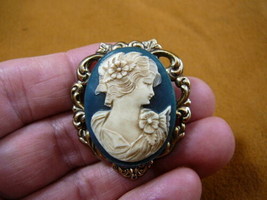 (CM80-1) Simple WOMAN wavy hair flower navy blue CAMEO Pin Jewelry Pendant - £25.57 GBP