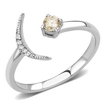 Stainless Steel Crescent Moon 3.5mm Round Cut Champagne CZ Wedding Open Ring - £46.27 GBP