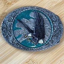 Vintage Flying Eagle Belt Buckle 1982 Indiana Metal Craft Turquoise Inlay Floral - £10.17 GBP